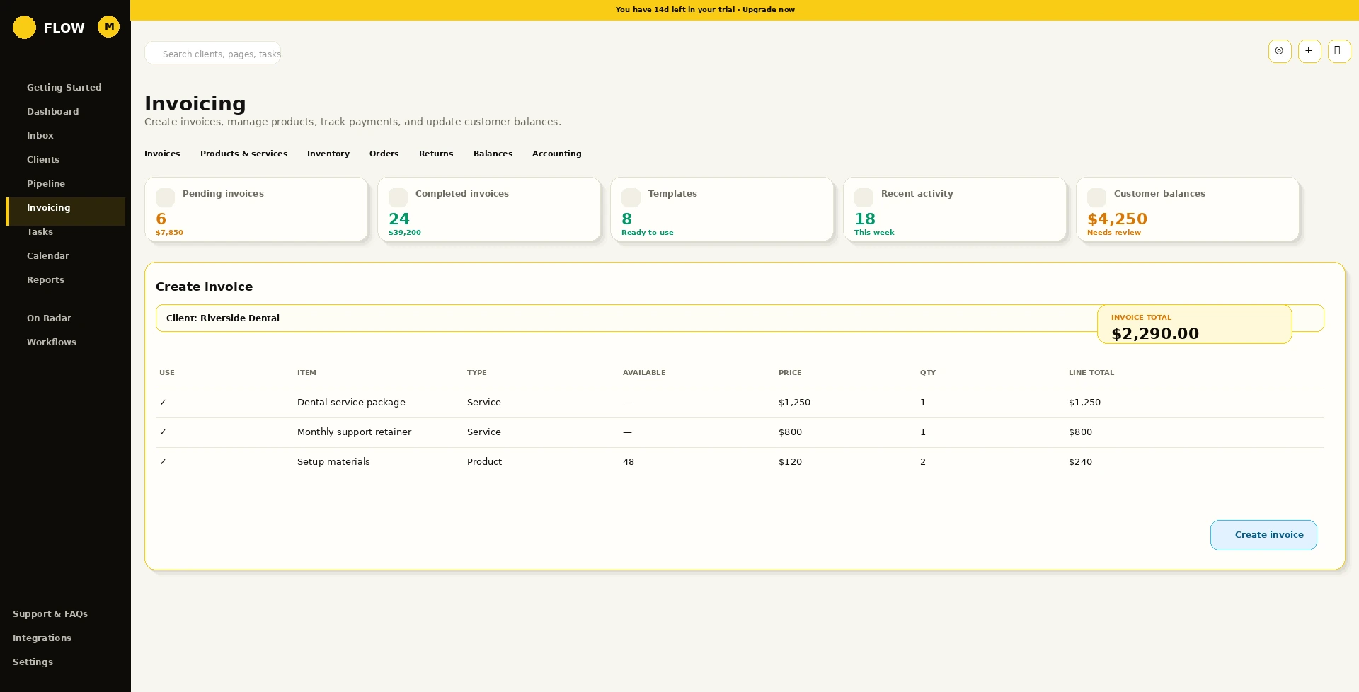 Flow invoicing screenshot